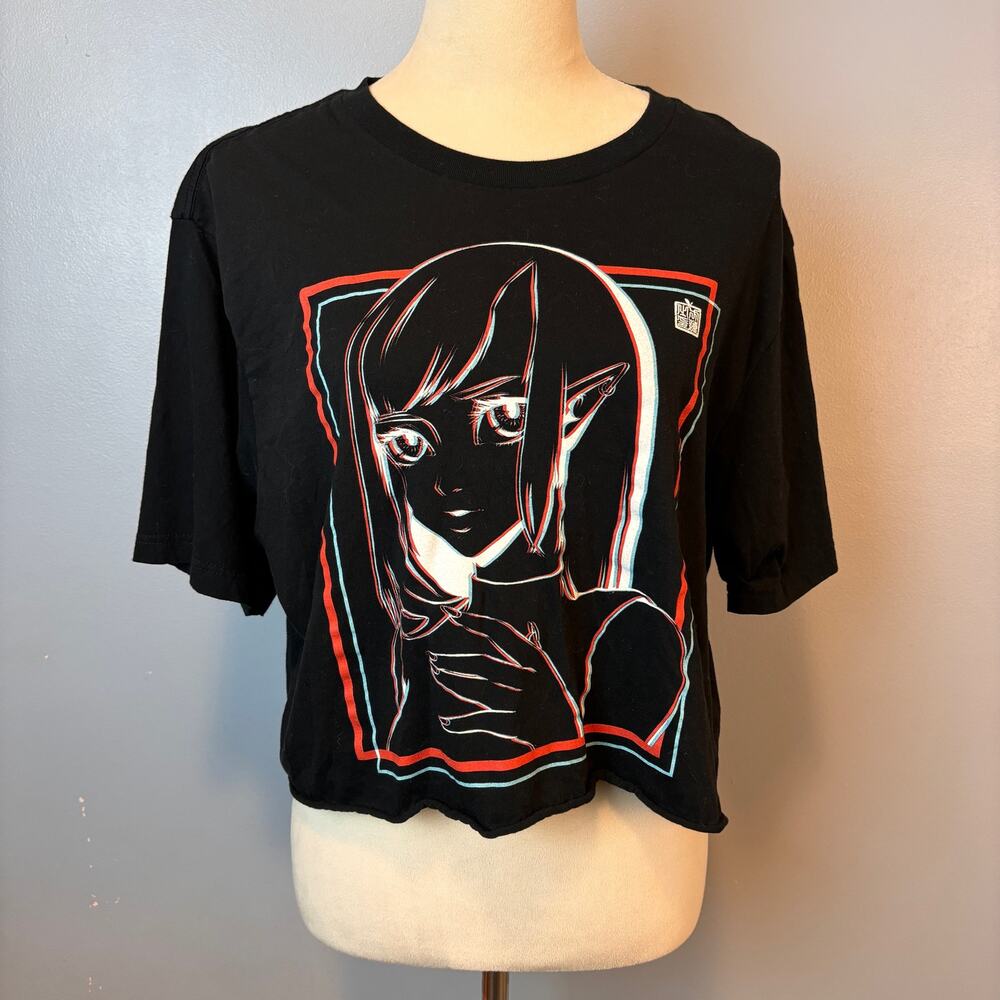 Anime Graphic 3D Line Art Boxy Crop Tee Womens Black T-Shirt XL cotton